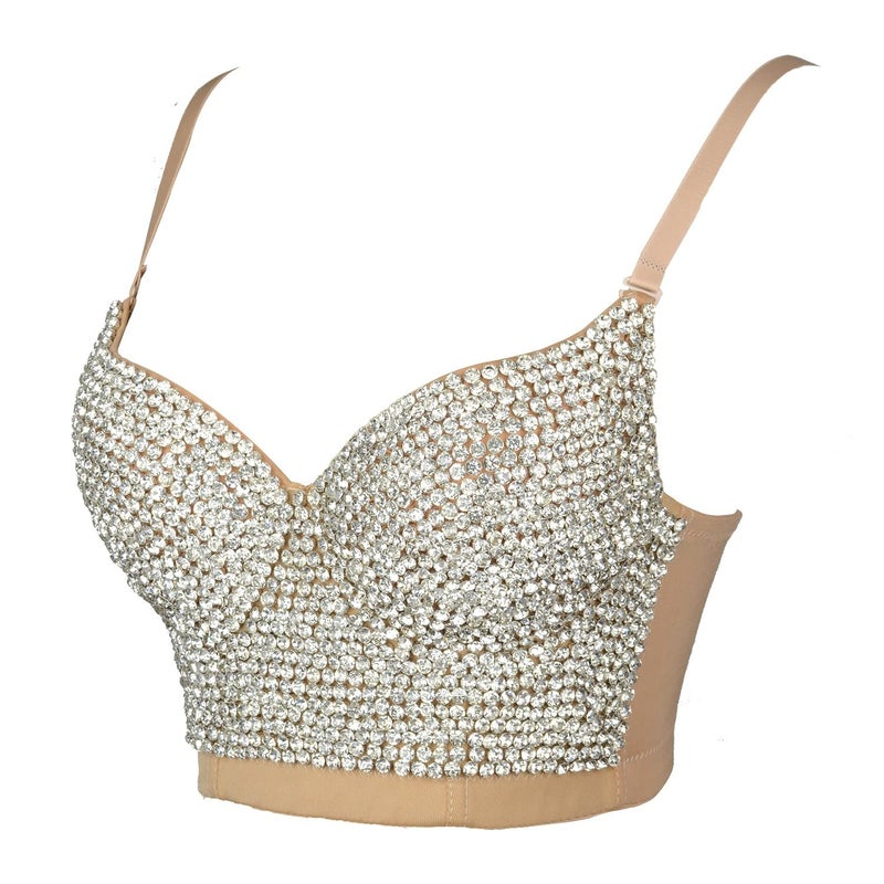ELLACCI Women's Rhinestone Diamond Push up Bustier Crop Top Sexy Punk Corset Bra Khaki Large - Image 3